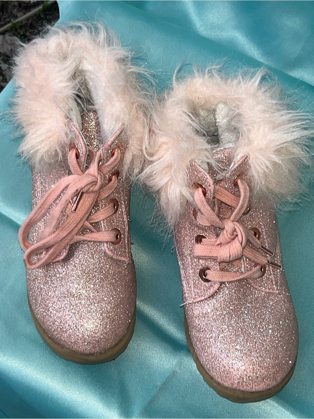 Juicy Couture Sparkle Pink Faux-Fur Lace-Up Kids Boots Sz 1